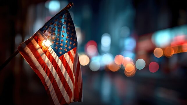 American flag waving at night with city lights.