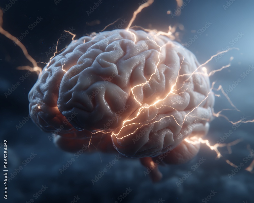 Poster three-dimensional rendering of human brain with simulated electrical activity