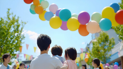 Family Celebration with Colorful Balloons in Urban Setting