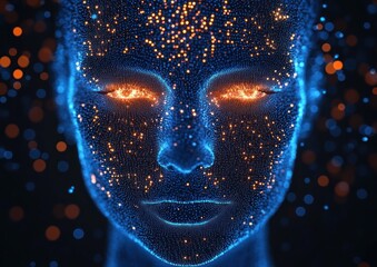 Futuristic glowing face composed of blue and orange digital particles with fiery orange eyes emitting an intense and mysterious atmosphere