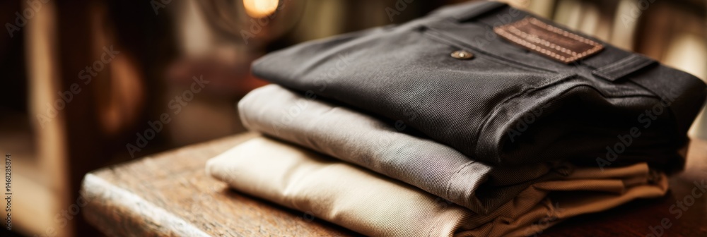 Aufkleber folded trousers neatly arranged on a rustic wooden surface with a visible label in a cozy, warmly-li