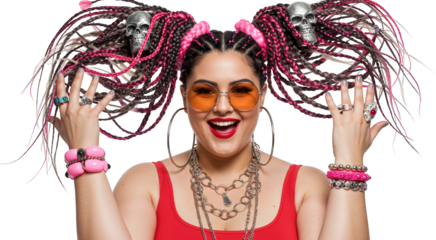 Playful Plus Size Woman with Colorful Braids Skull Charms and Trendy Jewelry