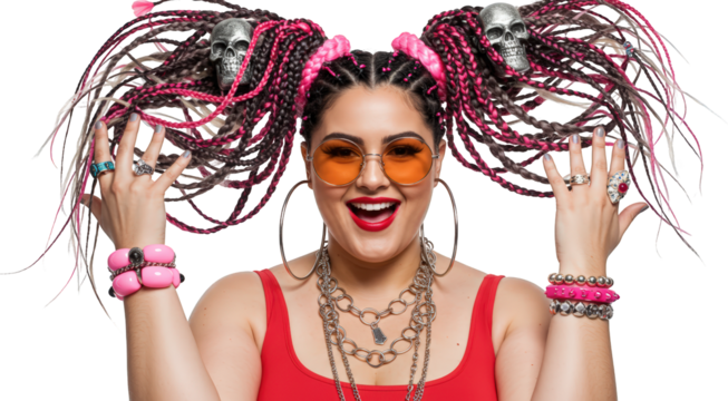 Playful Plus Size Woman with Colorful Braids Skull Charms and Trendy Jewelry