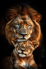 Fototapeta premium A majestic adult lion with a full mane gently resting its head on a peaceful lion cub against a dark background, evoking warmth and protection
