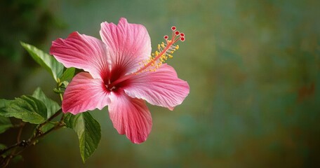Close-up of a vibrant pink hibiscus flower with delicate petals and prominent stamens against a soft green blurred background