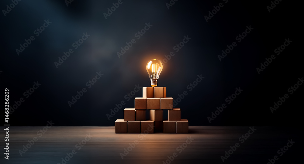 Poster an illuminated light bulb sits on a stack of boxes, symbolizing a breakthrough concept emerging from