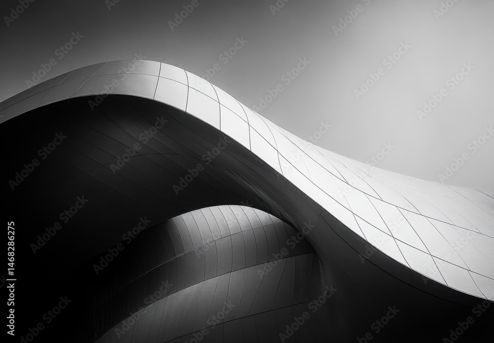 Poster abstract smooth modern architectural structure with flowing curved lines and metallic surface in bla