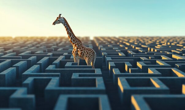 A solitary giraffe stands inside a complex, large grey maze under a clear blue sky, evoking a sense of curiosity and contemplation