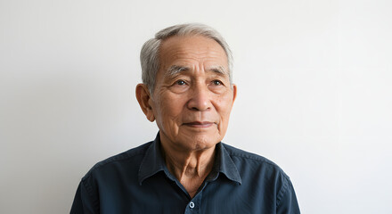 Obraz premium Elderly Asian Man Portrait on White Background Senior Citizen with Grey Hair Peaceful Expression Aging Gracefully Retirement Health and Wellness Serene Elderly Male Posing Photography