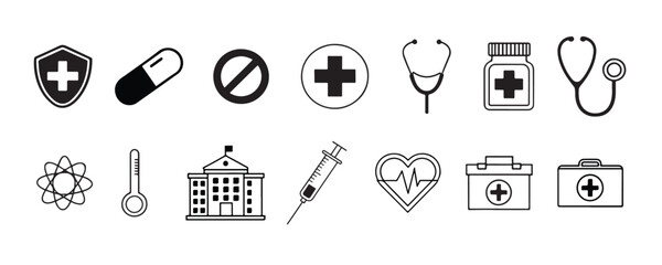 Healthcare Icons Set of 14 Medical Symbols in Line and Silhouette Vector Style on White Background