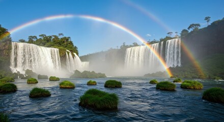 Majestic Waterfall Landscape: Double Rainbow over Lush Cascades