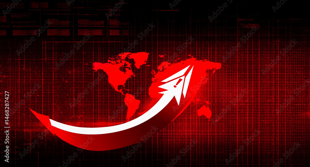Poster abstract global representation with a prominent rising arrow over a world map and grid, depicting gr
