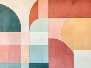 Abstract wall art featuring geometric shapes in a pastel color palette