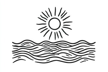 Simple black line drawing of a sun and waves.