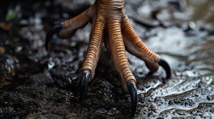 Close up of bird feet with sharp claws standing in mud perfect for animal wildlife and nature photography