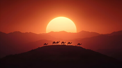 Pixel Art Camel Caravan At Sunset
