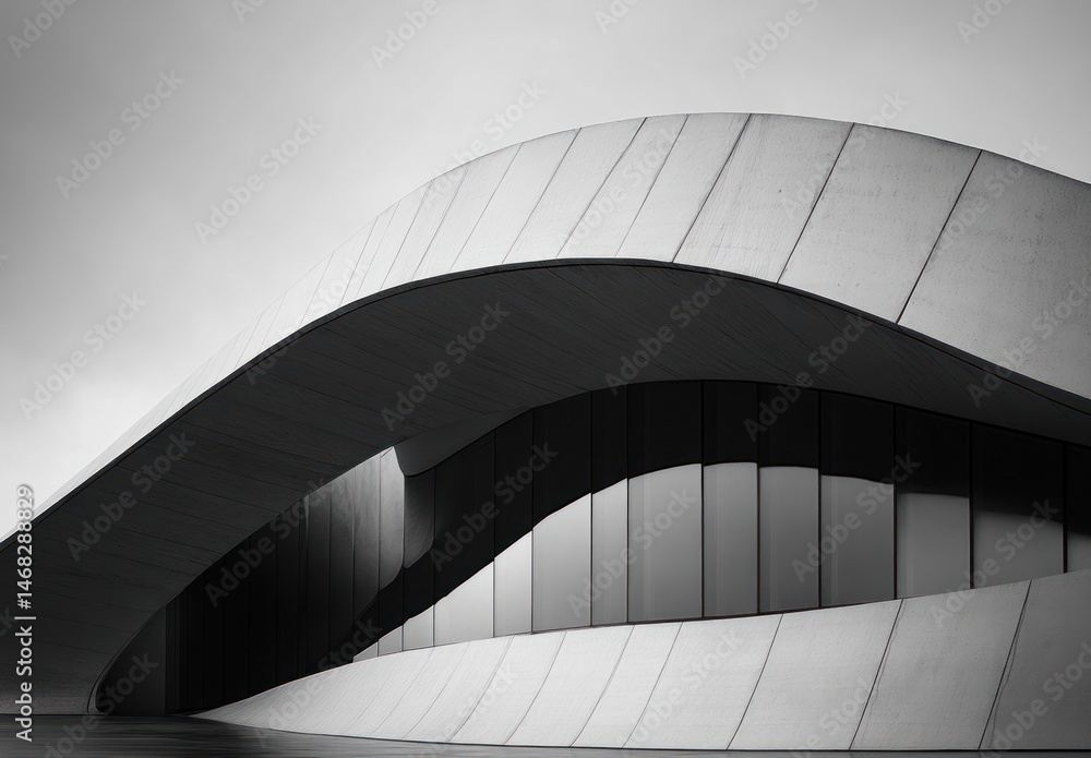 Poster curved modern architectural structure with smooth flowing lines and large glass windows under a clou