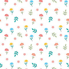 Seamless pattern of cute small flower with green leaves for fabric print. Beautiful flowers on a white background