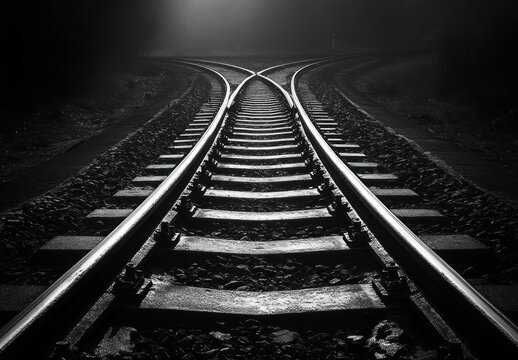 Black and white photo of railway tracks diverging into two separate paths in a misty environment evoking a sense of choice and uncertainty