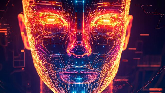 Cybernetic Humanoid Face with Circuitry Overlay and Futuristic Visuals