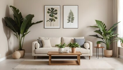 Modern Living Room Interior with Beige Sofa and Tropical Plants