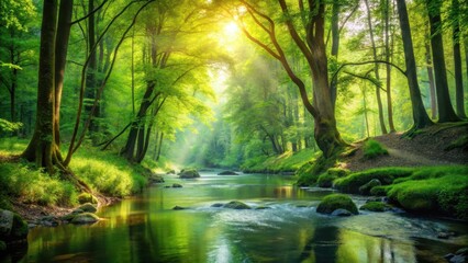 Obraz premium A serene forest scene with lush green leaves