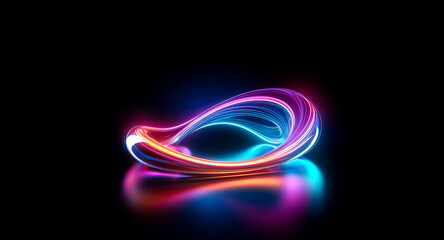 Vibrant, glowing neon lines form an abstract, swirling shape against a dark background.  The luminous artwork reflects on a glossy surface, creating a mesmerizing effect.