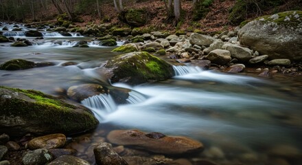 Obraz premium Serene Mountain Stream: Mossy Rocks and Flowing Water in a Peaceful Landscape