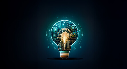 A glowing lightbulb filled with intricate gears and circuitry symbolizes innovation, technology, and bright ideas.  The dark background enhances the luminescence.