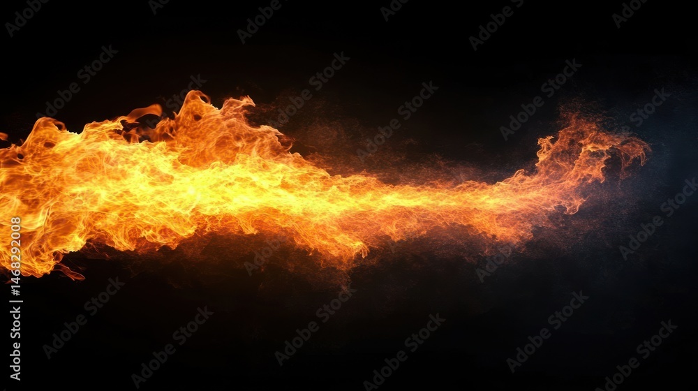 Poster bright orange and yellow flames shooting across a dark background with swirling fire patterns creati