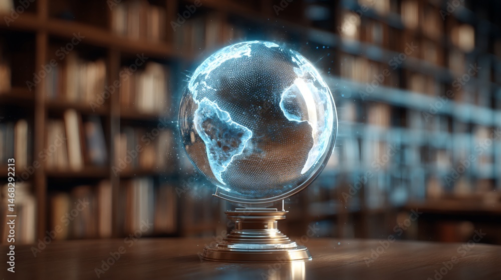 Poster digital globe on brass stand in library setting