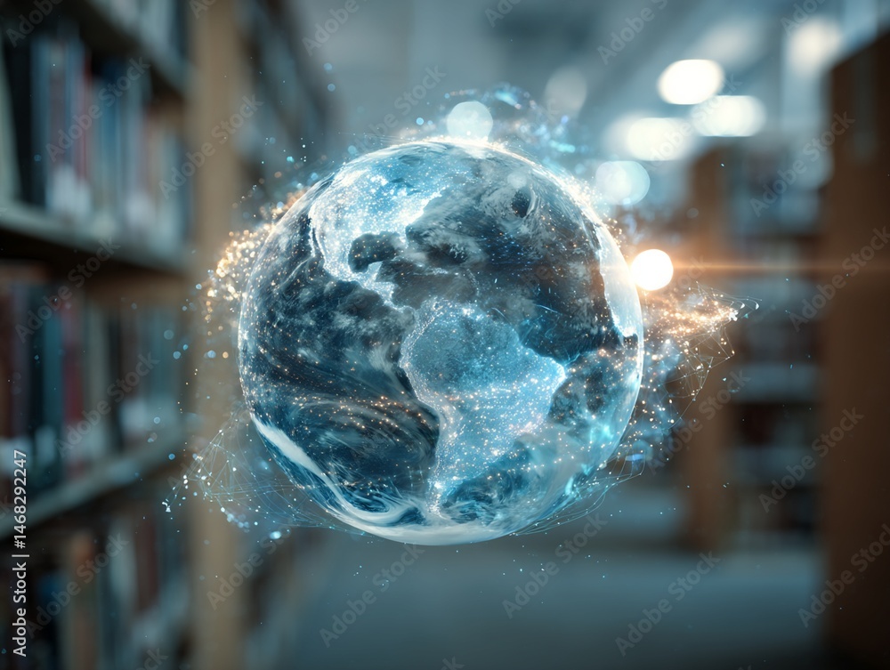 Poster digital globe with network connections and library background