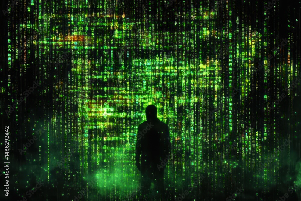 Poster silhouette of a person standing in front of cascading green digital code with a mysterious and futur