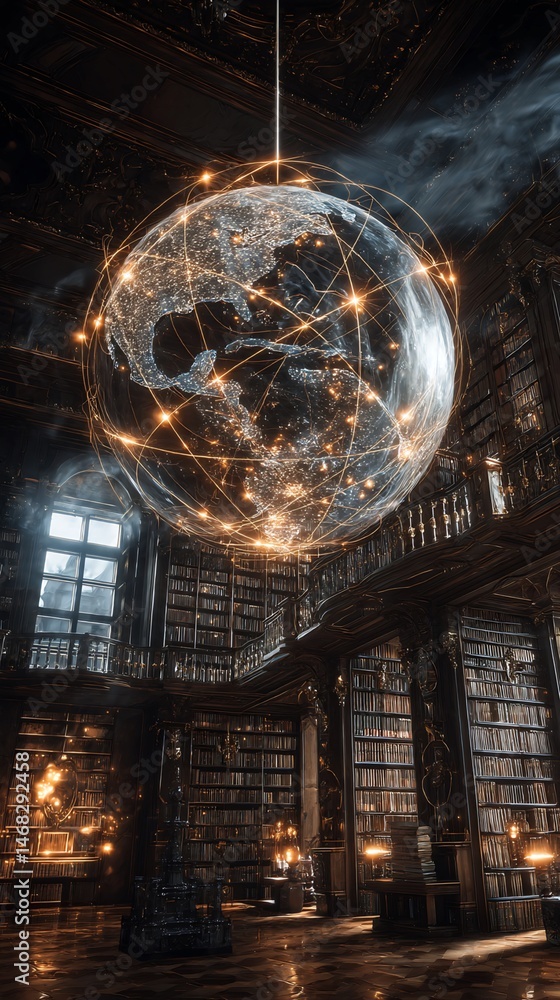 Poster digital rendering: illuminated globe suspended in ornate library