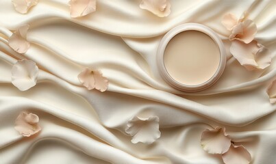 Pale cream container on a silk cloth with petals.