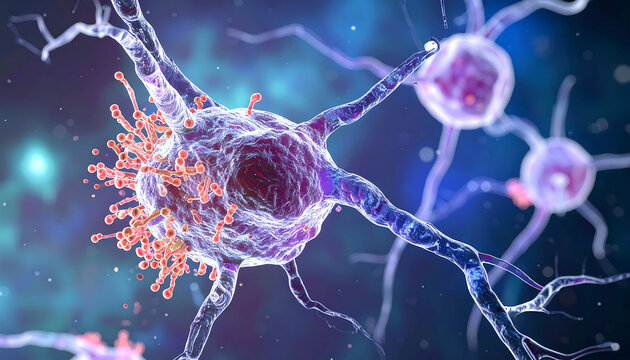 Microscopic View of Infected Neuron: Neurological Disease Research - Powered by Adobe