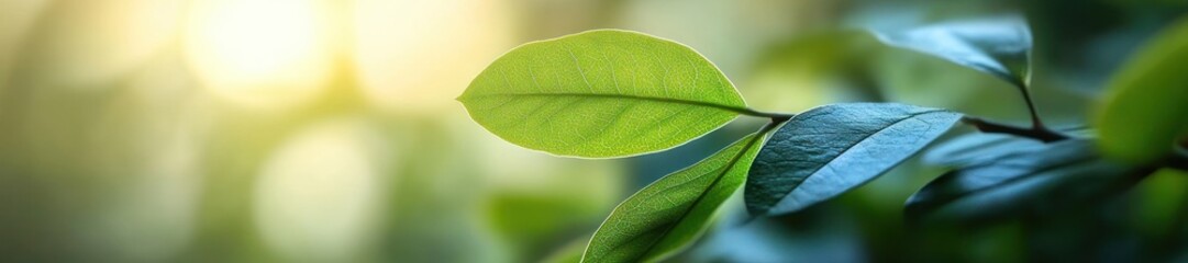Close-up of vibrant green leaves on a thin branch illuminated by soft natural sunlight with a blurred background creating a peaceful atmosphere
