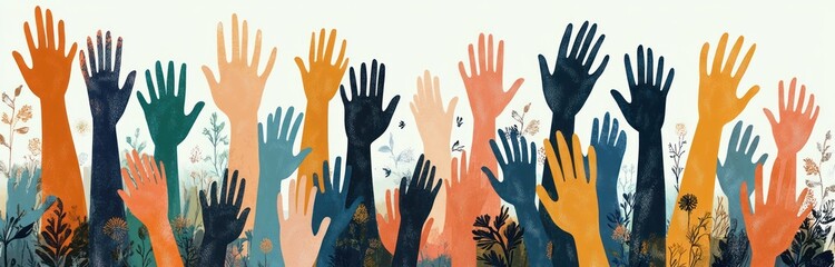 Fototapeta premium Colorful raised hands in various shades reaching upward above wildflowers and plants symbolizing unity and participation