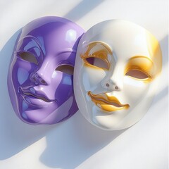 two glossy theatrical masks with smooth features lying side by side, one purple and one white with yellow details, casting soft shadows on a light surface