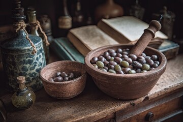 Aged olives in a rustic mortar and pestle, amongst vintage bottles and books
