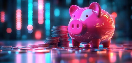 Glossy pink piggy bank next to neatly stacked coins on reflective surface with blurred colorful lights in background, suggesting savings and financial growth