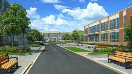 Fototapeta premium Modern Office Campus Landscape Under Sunny Sky