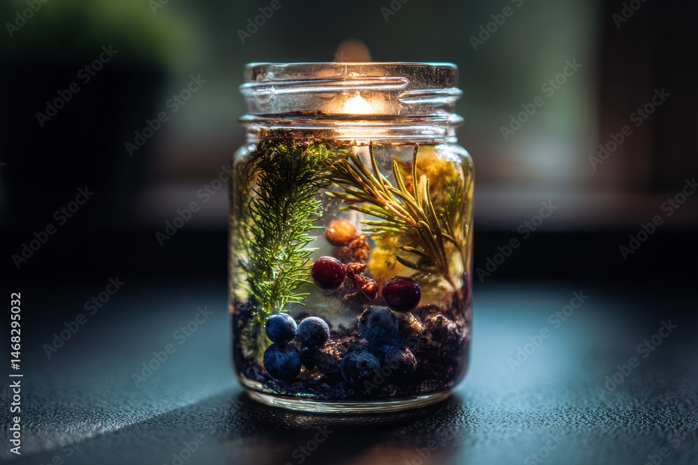 Poster beautiful jar candle filled with vibrant herbs and colorful berries illuminated in a serene setting 