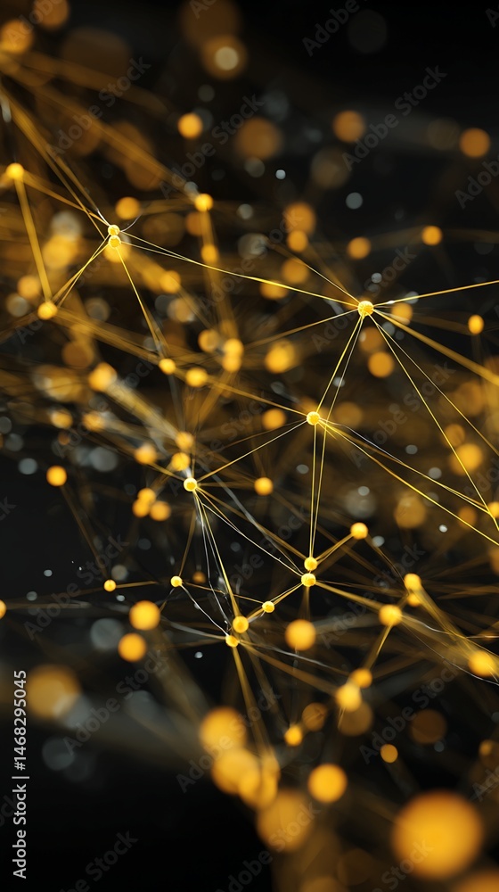 Poster interconnected nodes network: golden spheres and lines