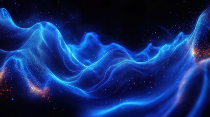Obraz premium Abstract digital waves glowing in blue with scattered orange particles on a dark background creating a futuristic and mysterious atmosphere