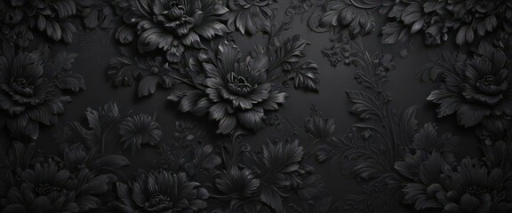 Deep black floral wallpaper; intricate design, embossed texture , photography, home