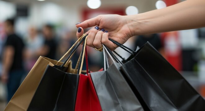 A woman's hand holds many heavy shopping bags