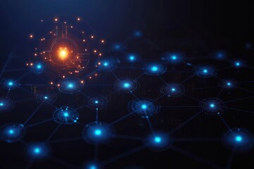 Abstract digital network visualization with interconnected blue nodes and a prominent glowing orange node symbolizing a central data hub or communication point in a dark space