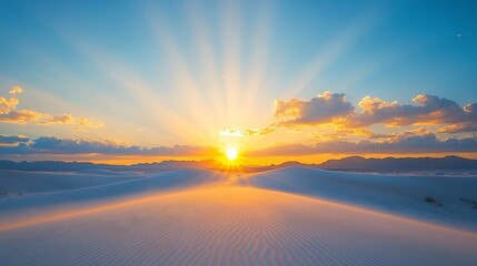 Tranquil sunrise over quiet desert soft golden hues casting long shadows on the dunes cinematic calm awakening