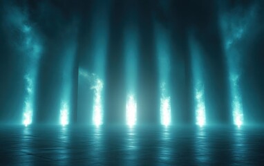Fototapeta premium Glowing blue vertical light beams shining intensely from floor through mist in a dark spacious environment creating a mysterious and futuristic atmosphere